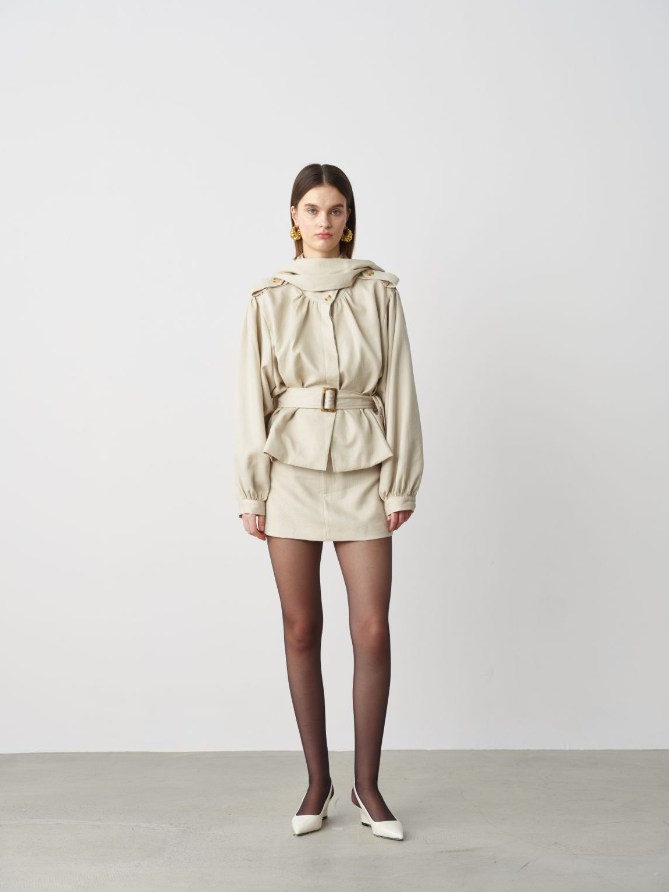 Linen Scarf Short Coat Khaki