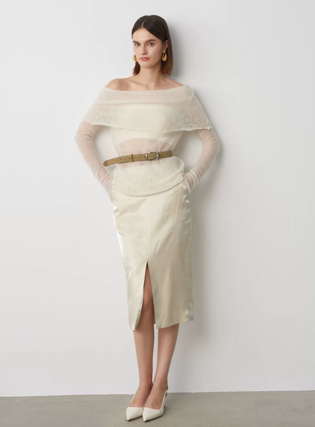 Off-Shoulder Pointelle Knit Jumper