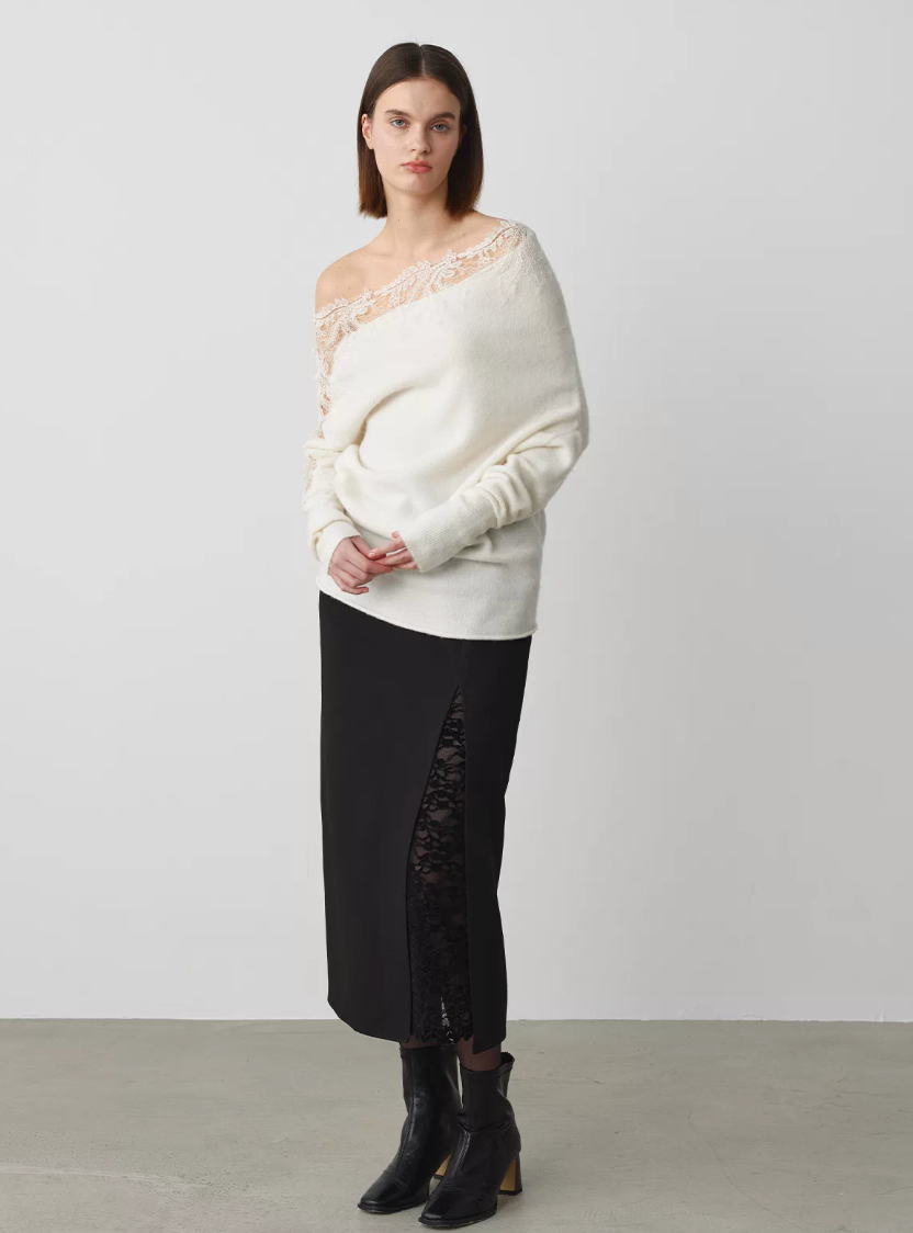 Asymmetric Lace-Trim Knit Jumper
