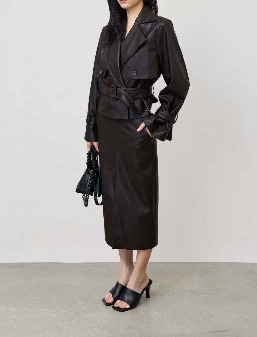 Belted Vegan Leather Trench Coat
