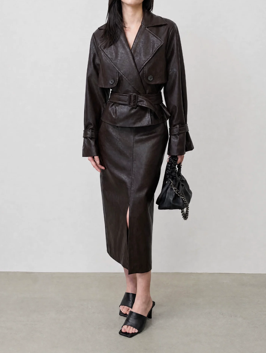 Belted Vegan Leather Trench Coat