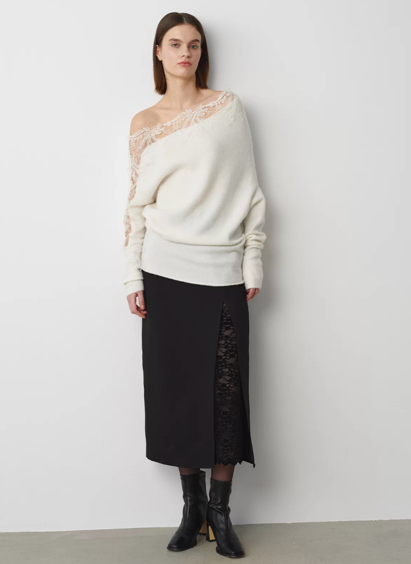Asymmetric Lace-Trim Knit Jumper