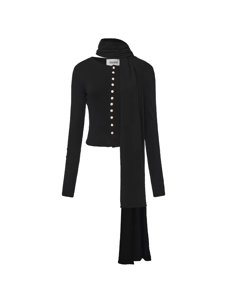Black Cardigan with Decorative Scarf Detail