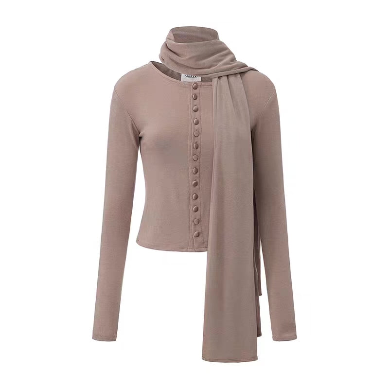 Purple-Grey Cardigan with Decorative Scarf Detail