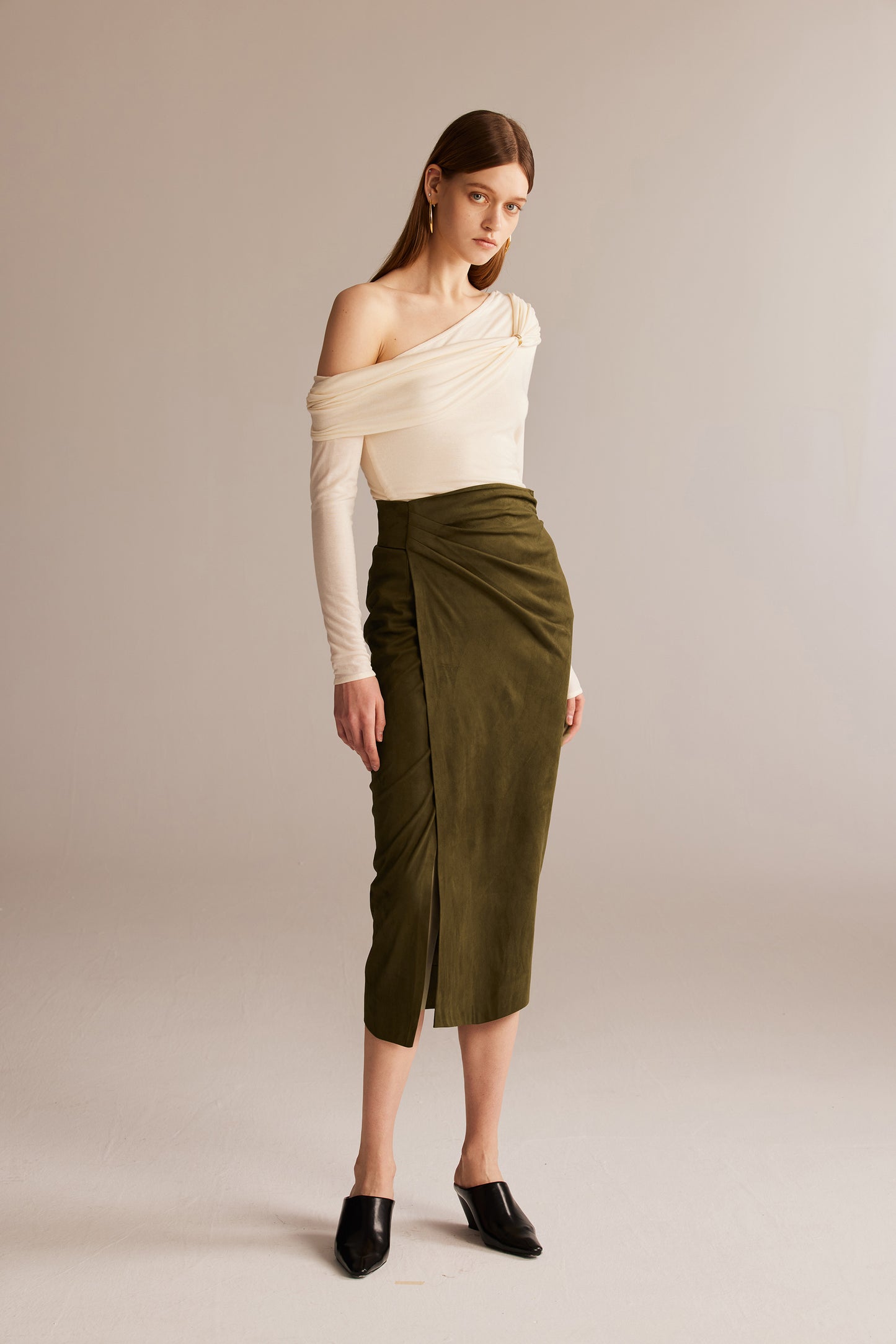 Olive-brown Suede Wrap Skirt