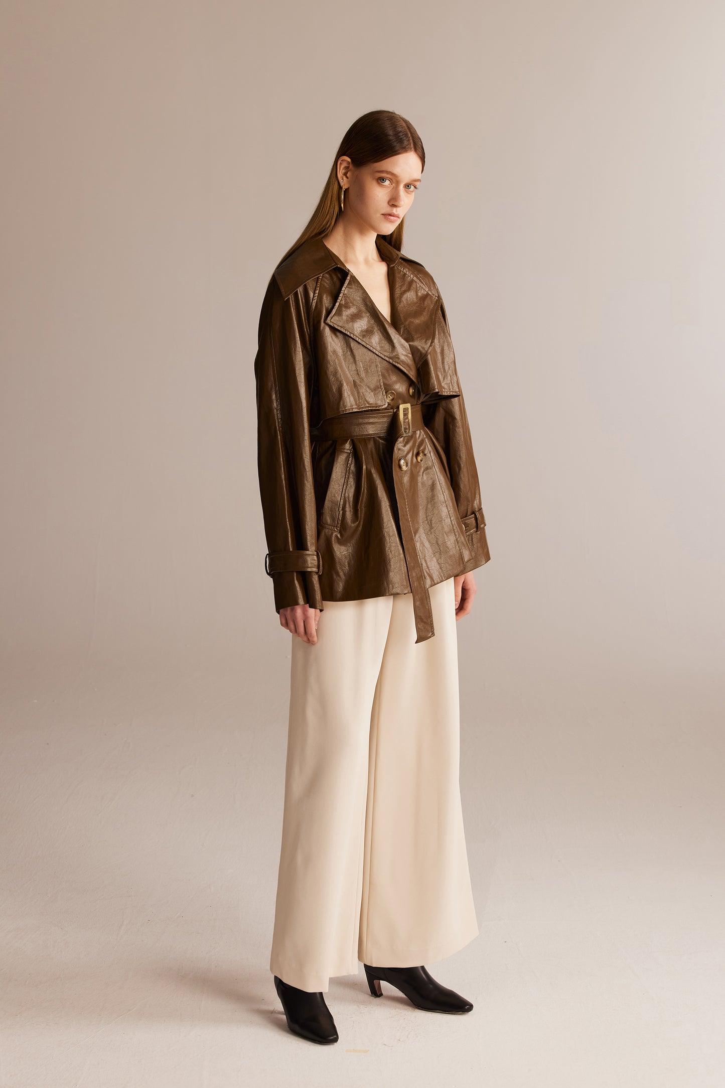 Coffee Short Leather Trench Coat