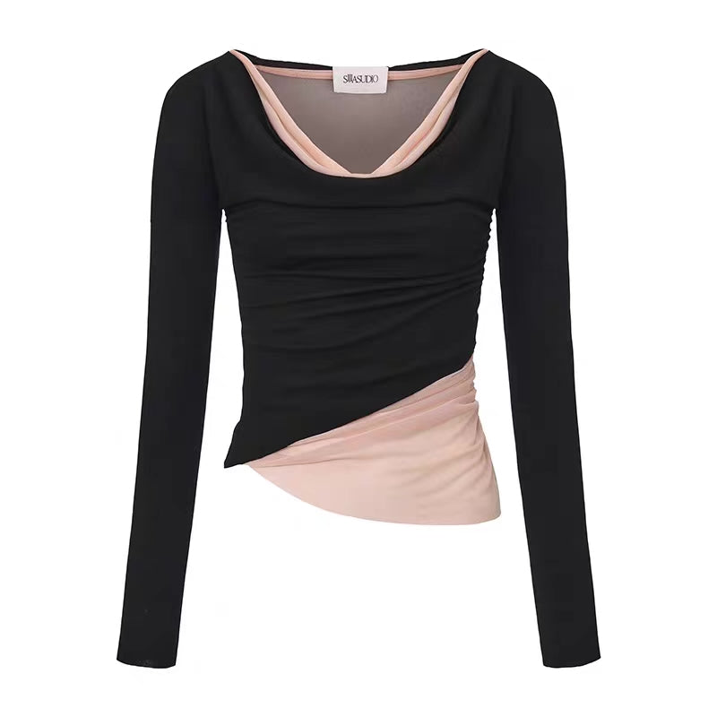 Black Colourblock Mesh Cowl-Neck Top