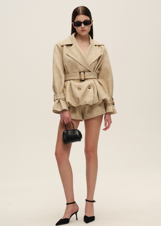 Khaki Suede Belted Leather Trench