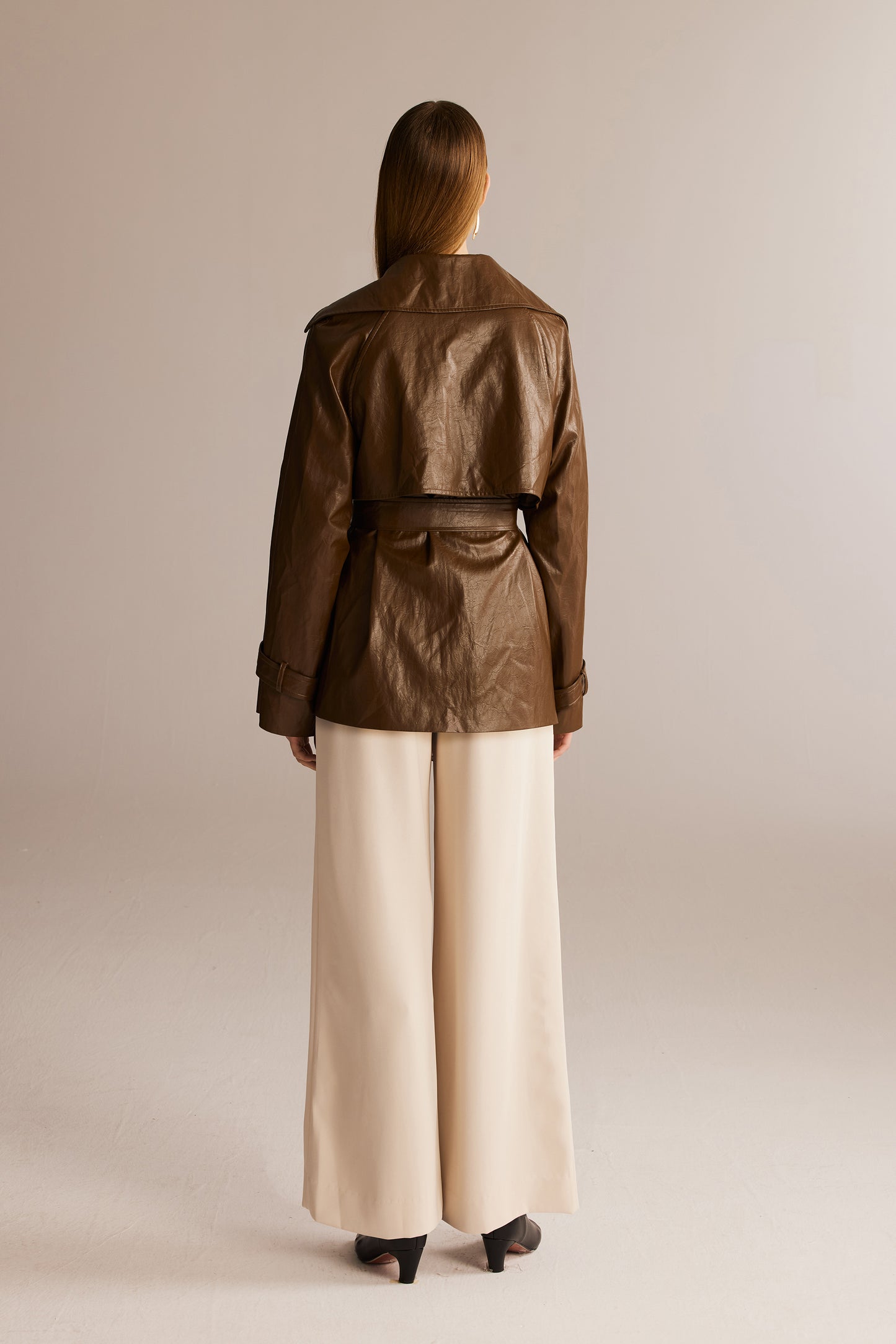 Coffee Short Leather Trench Coat