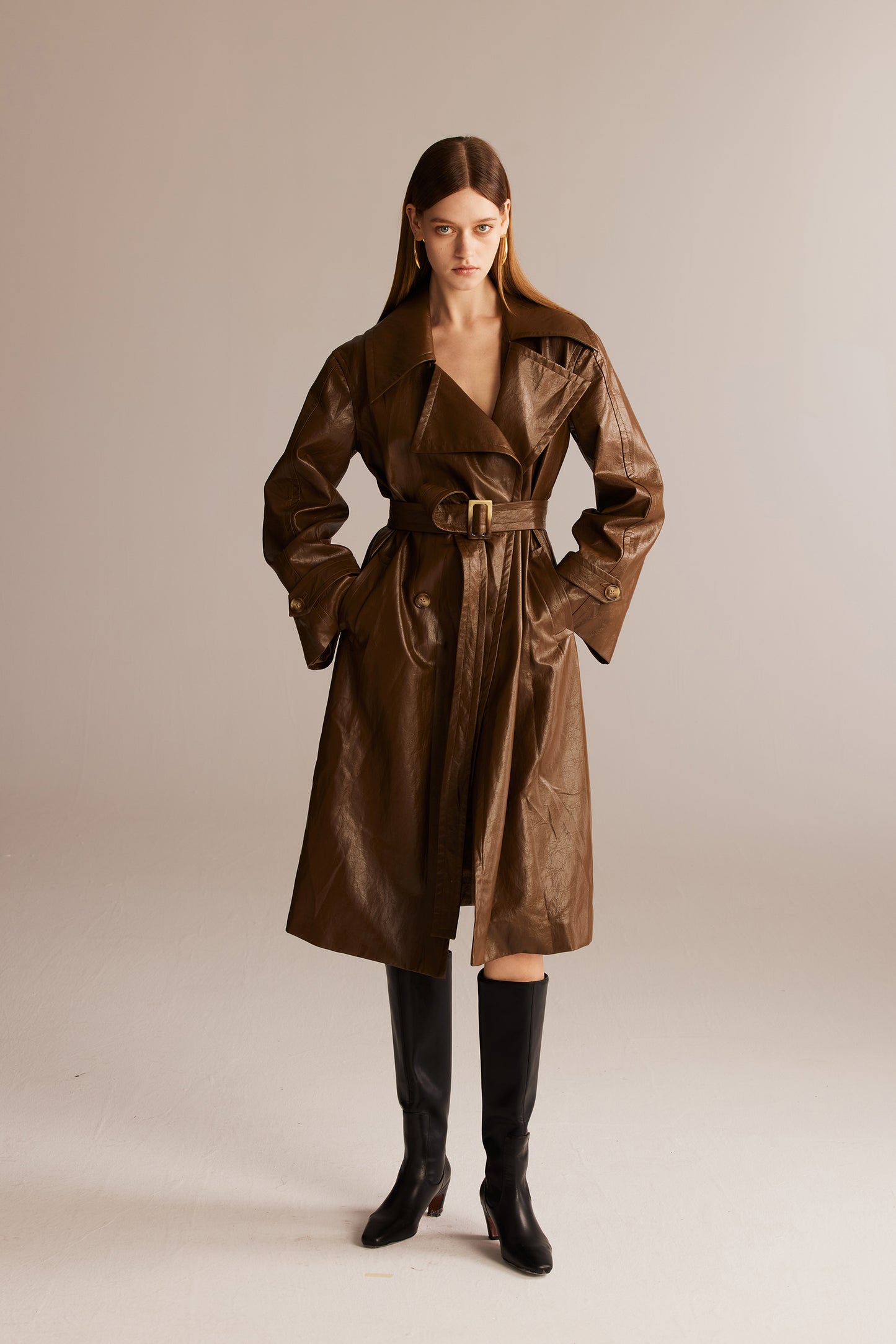 Coffee Leather Trench Coat