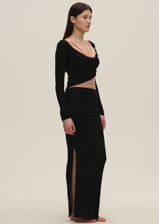 Black Colourblock Mesh Cowl-Neck Top