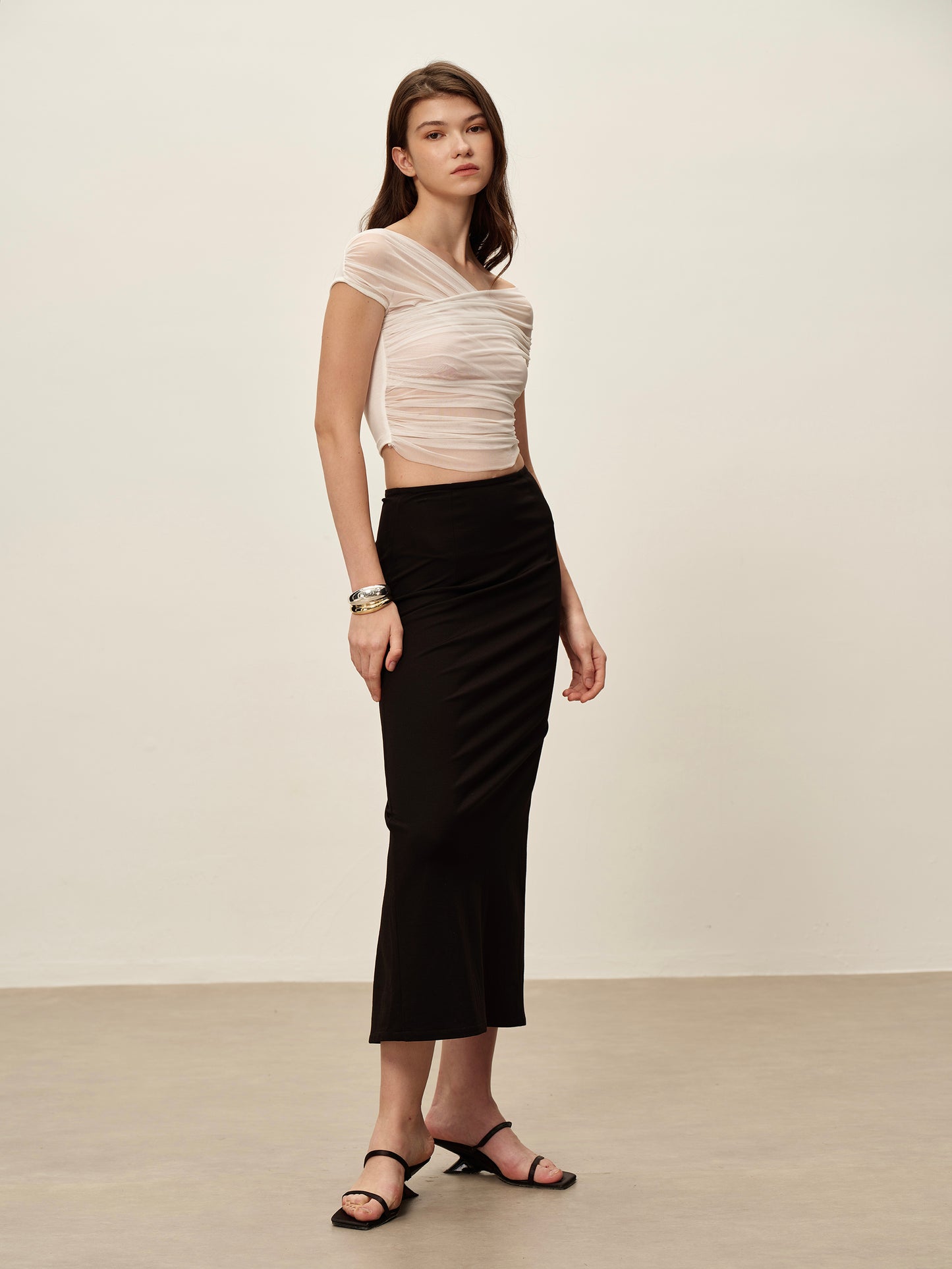 White One Shoulder Pleated Mesh T-shirt