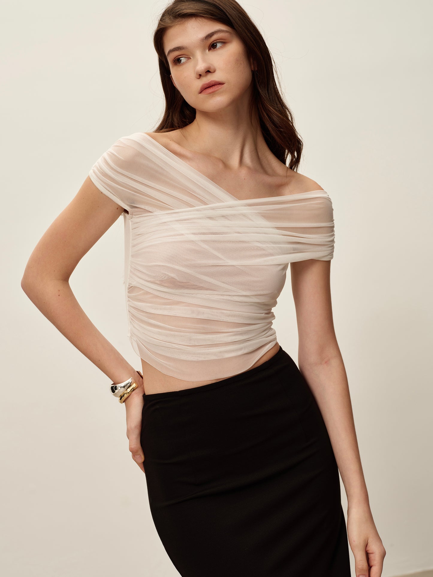 White One Shoulder Pleated Mesh T-shirt