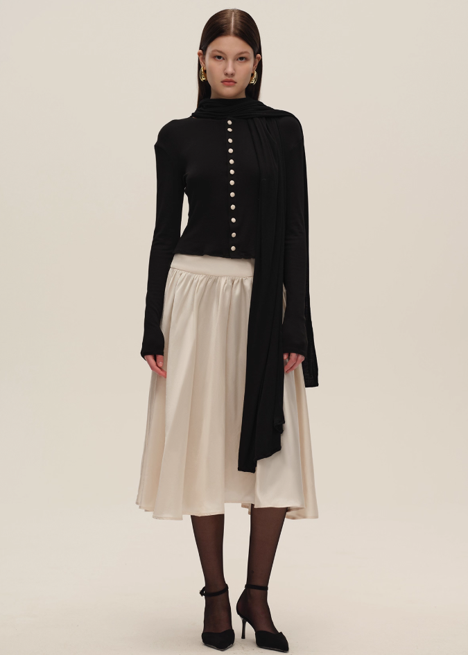 Black Cardigan with Decorative Scarf Detail