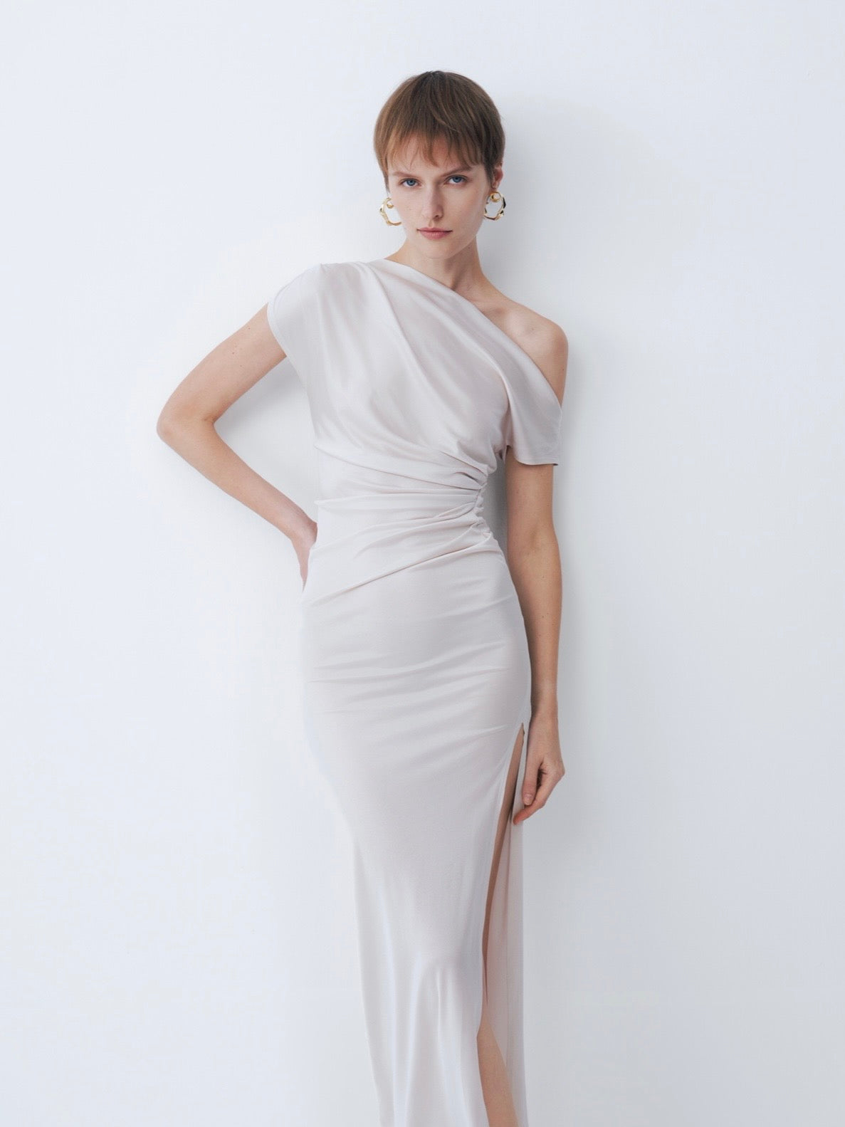 Ivory Off-Shoulder Short Sleeve Acetate Dress