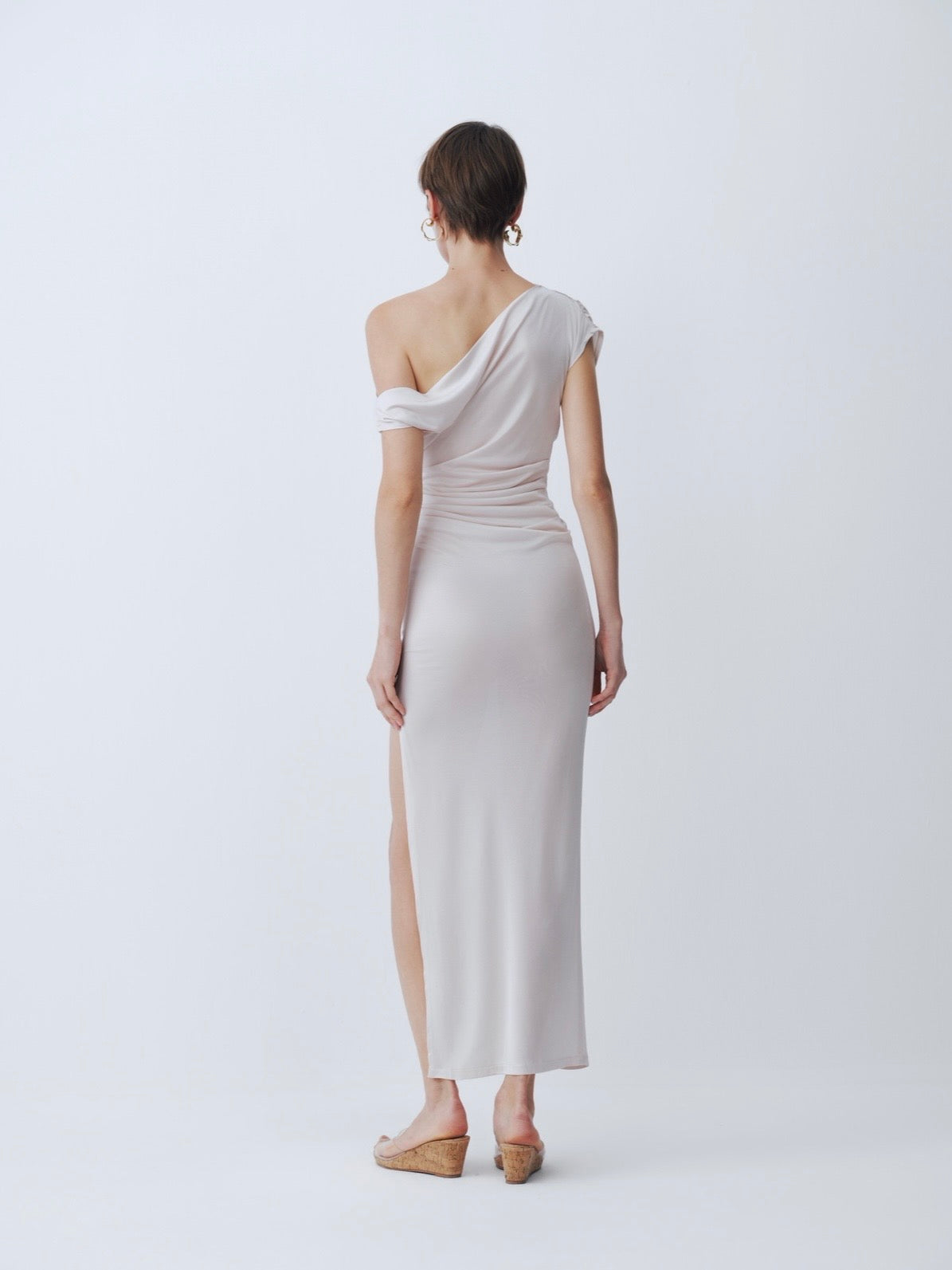 Ivory Off-Shoulder Short Sleeve Acetate Dress