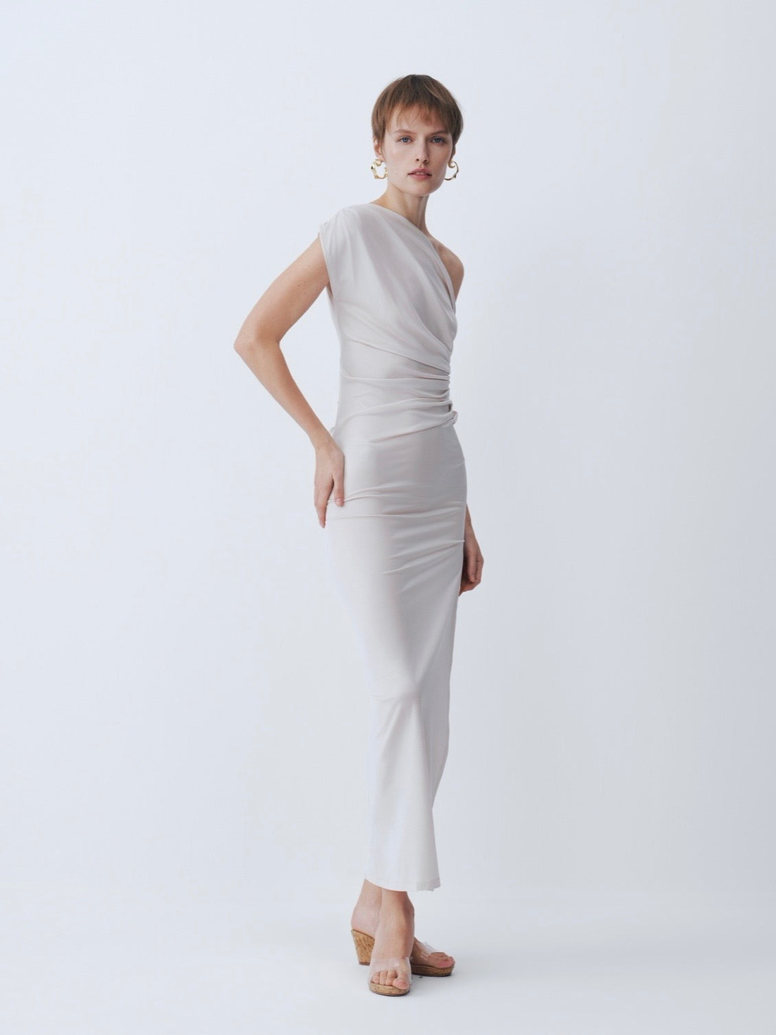 Ivory Off-Shoulder Short Sleeve Acetate Dress