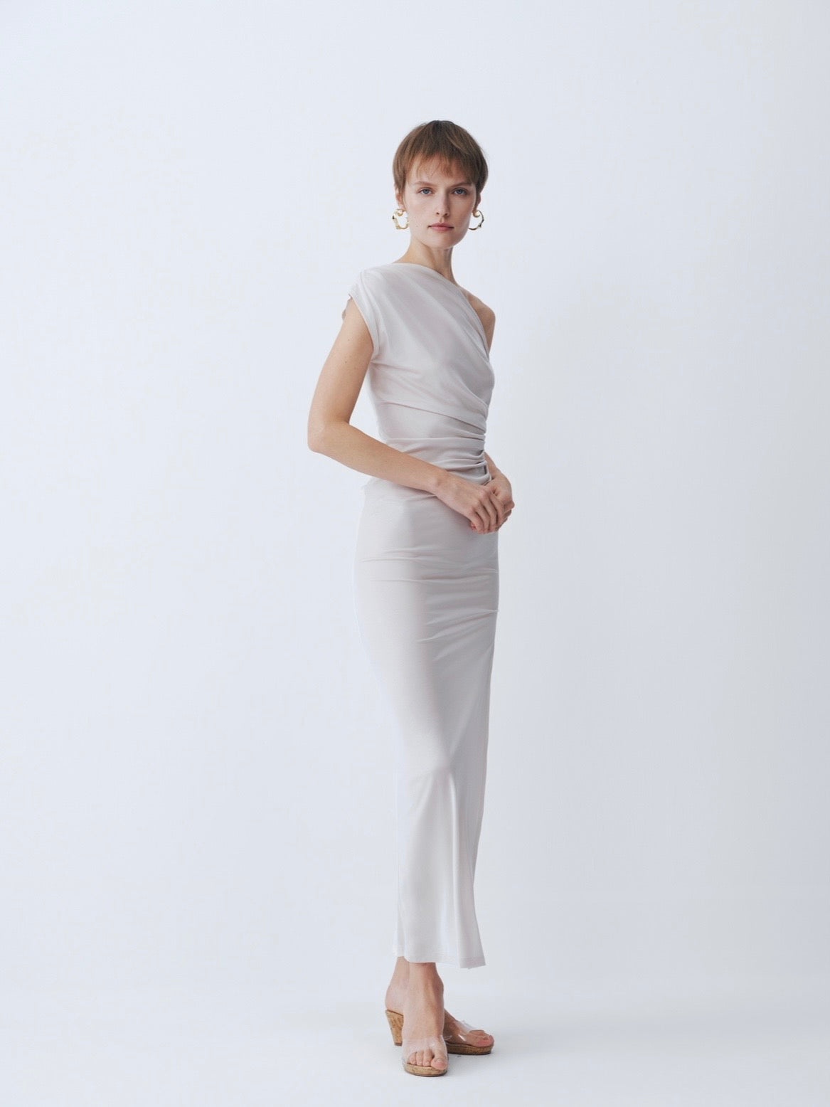 Ivory Off-Shoulder Short Sleeve Acetate Dress