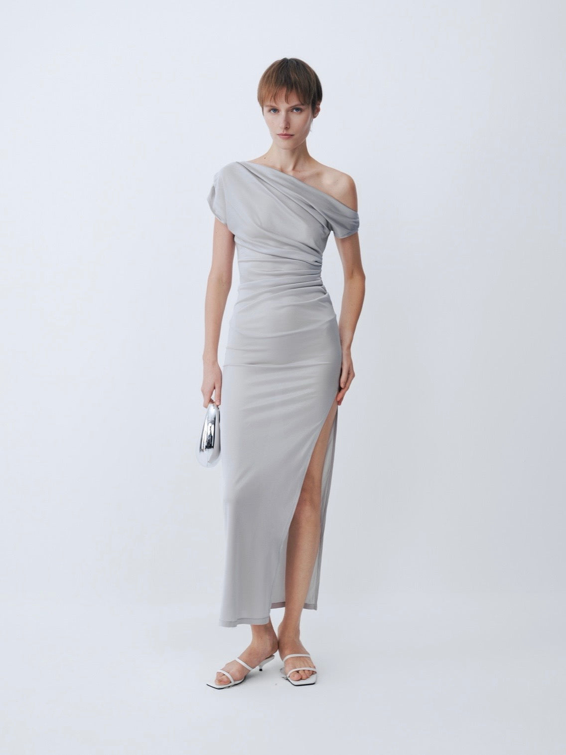 Grey Off-Shoulder Short Sleeve Acetate Dress