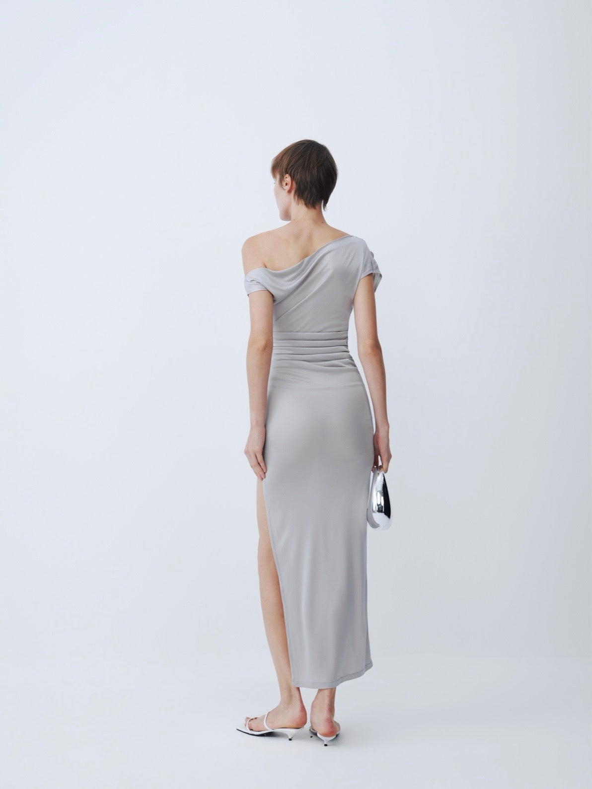 Grey Off-Shoulder Short Sleeve Acetate Dress