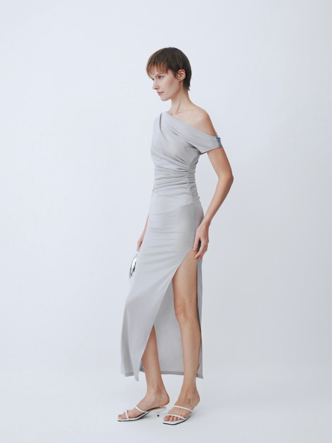 Grey Off-Shoulder Short Sleeve Acetate Dress