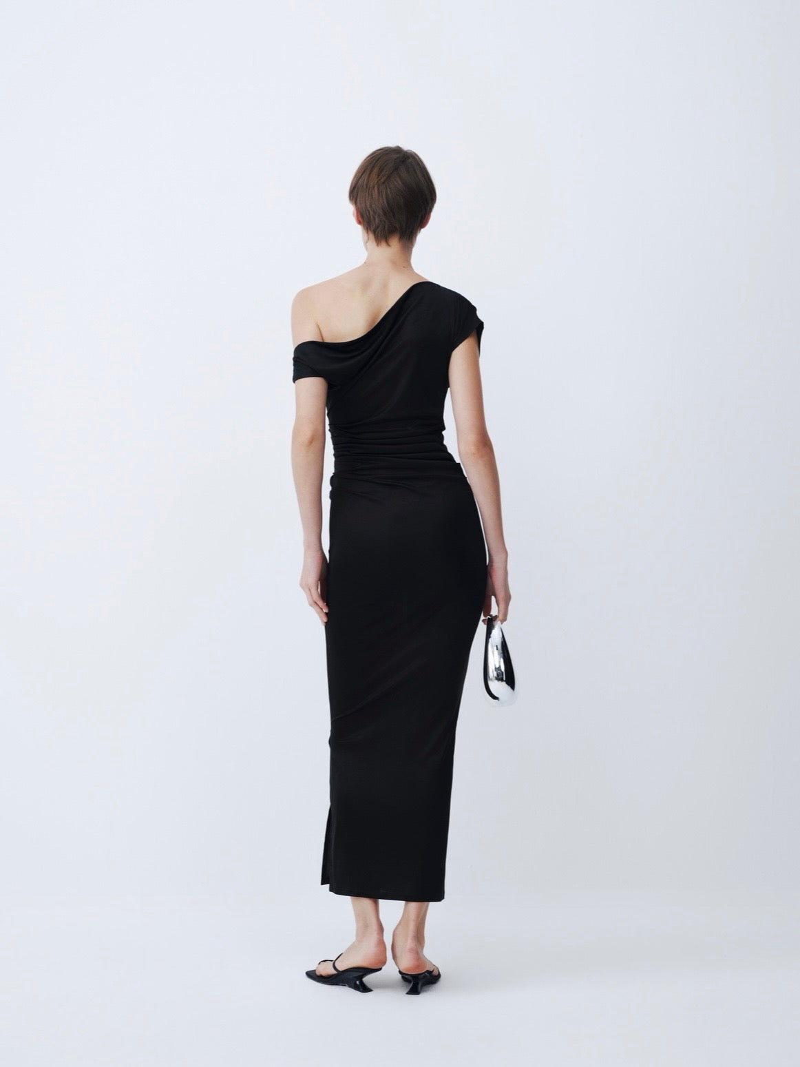 Black Off-Shoulder Short Sleeve Acetate Dress