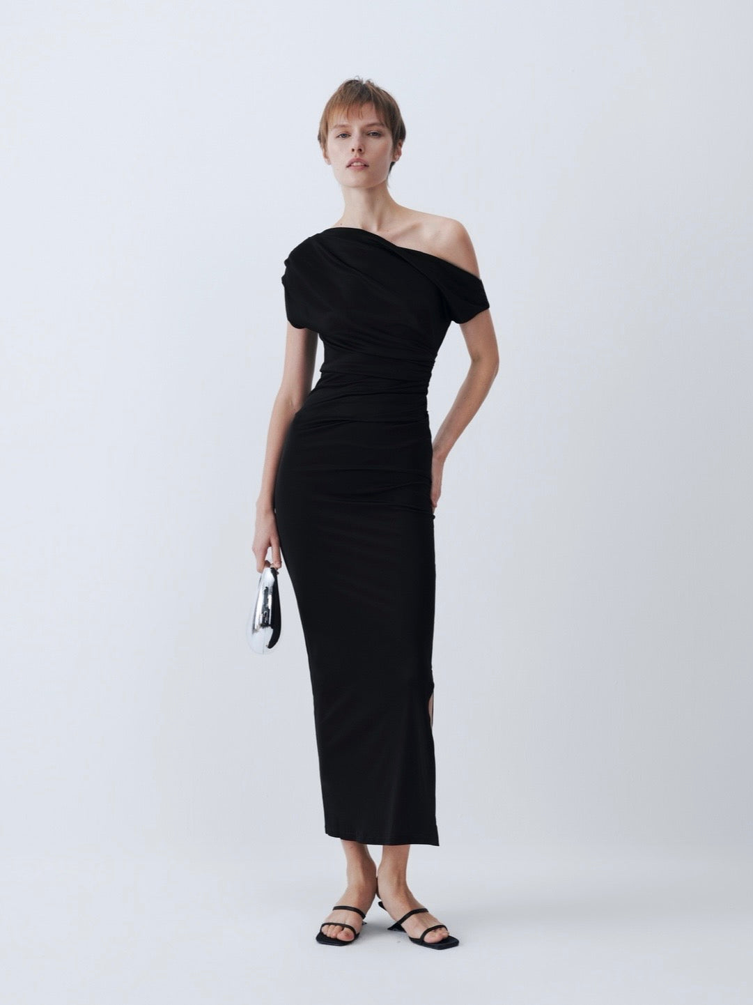 Black Off-Shoulder Short Sleeve Acetate Dress