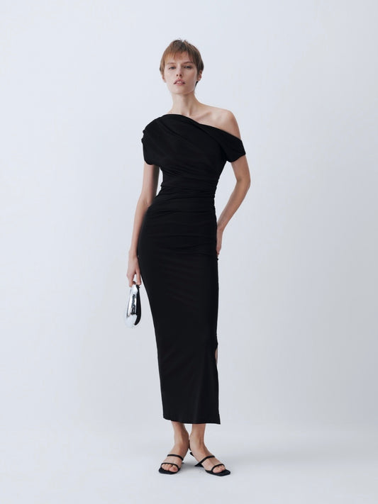 Black Off-Shoulder Short Sleeve Acetate Dress