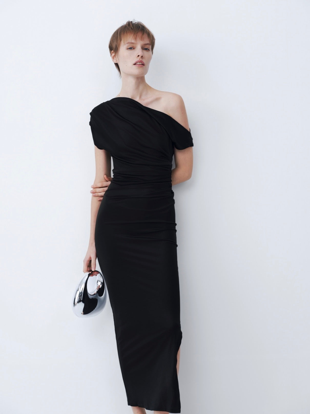 Black Off-Shoulder Short Sleeve Acetate Dress