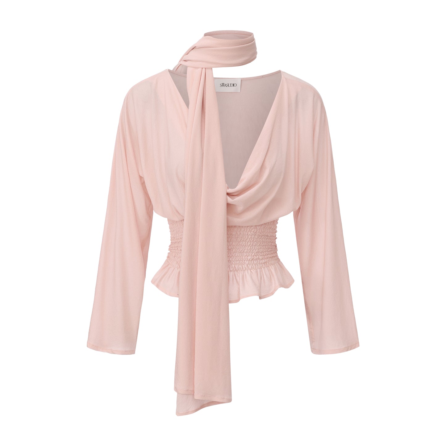 Pink Acetate Lapel Pleated Shirt With Scarf