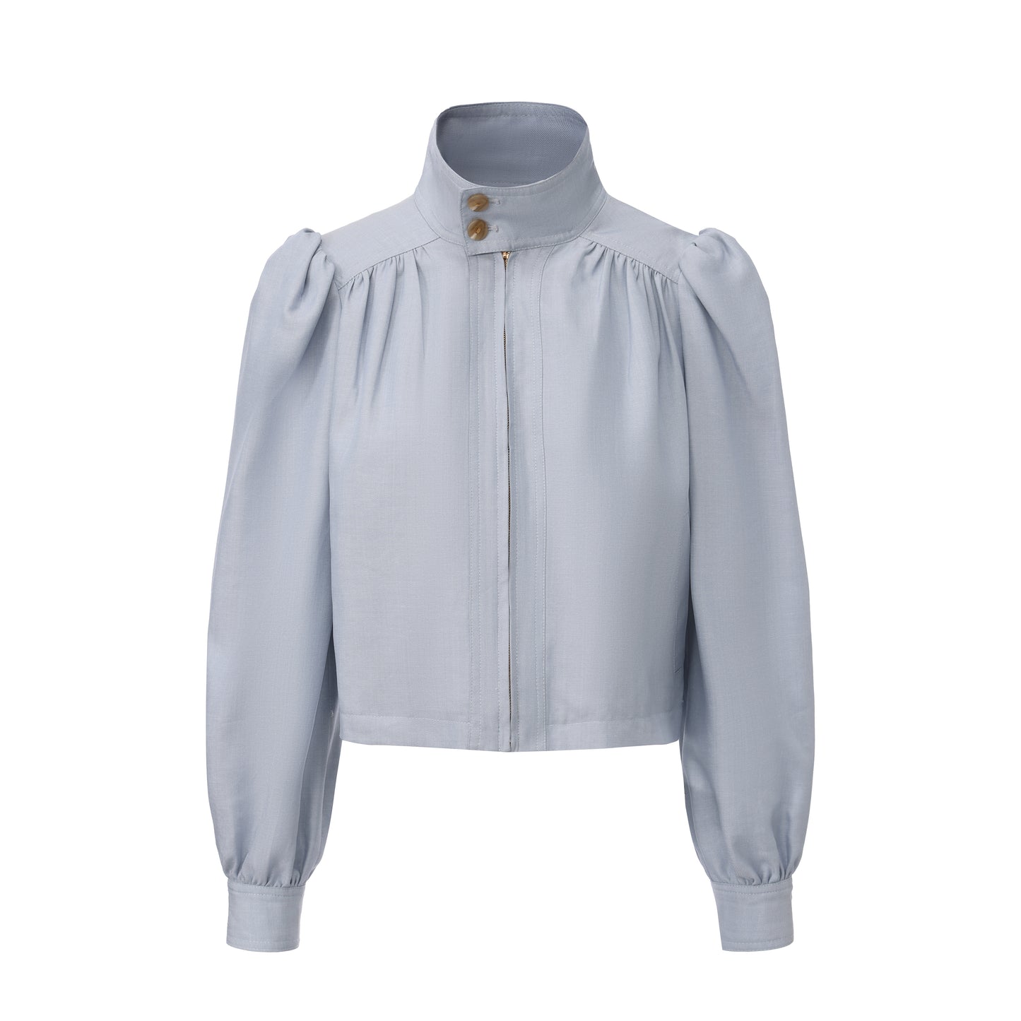 Blue linen stand-up collar puffed sleeve jacket