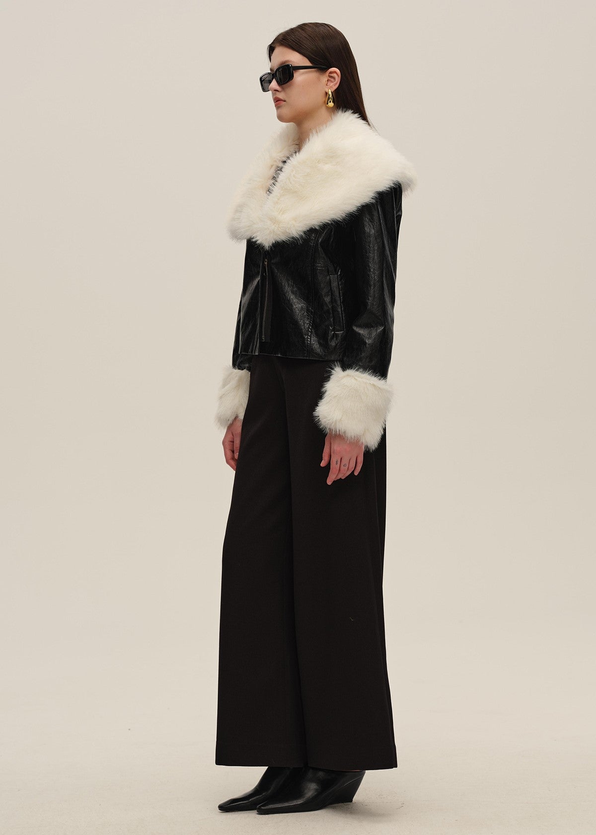 Black Leather Jacket with Faux Fur Collar