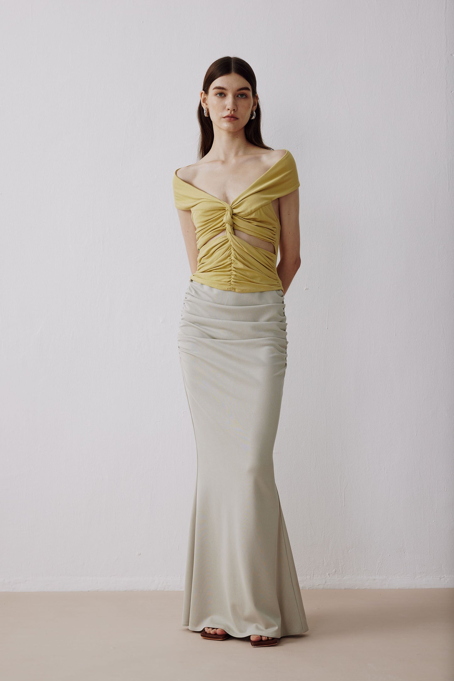 Ripped Knotted Off-shoulder Top Yellow