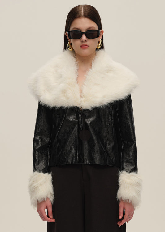 Black Leather Jacket with Faux Fur Collar