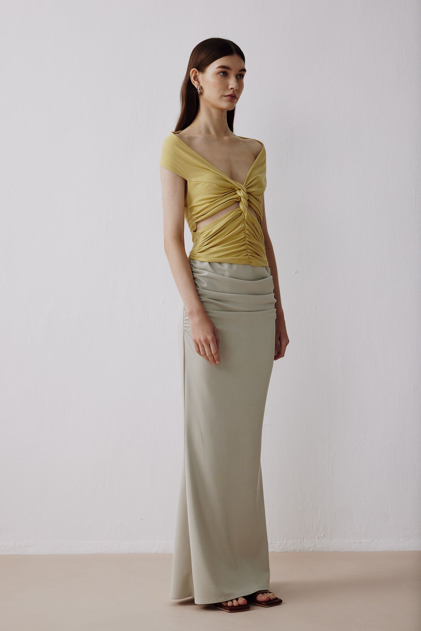 Ripped Knotted Off-shoulder Top Yellow