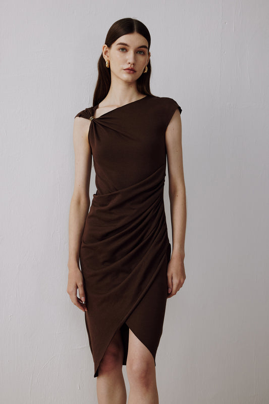 Knitted Asymmetrical  Dress Brown
