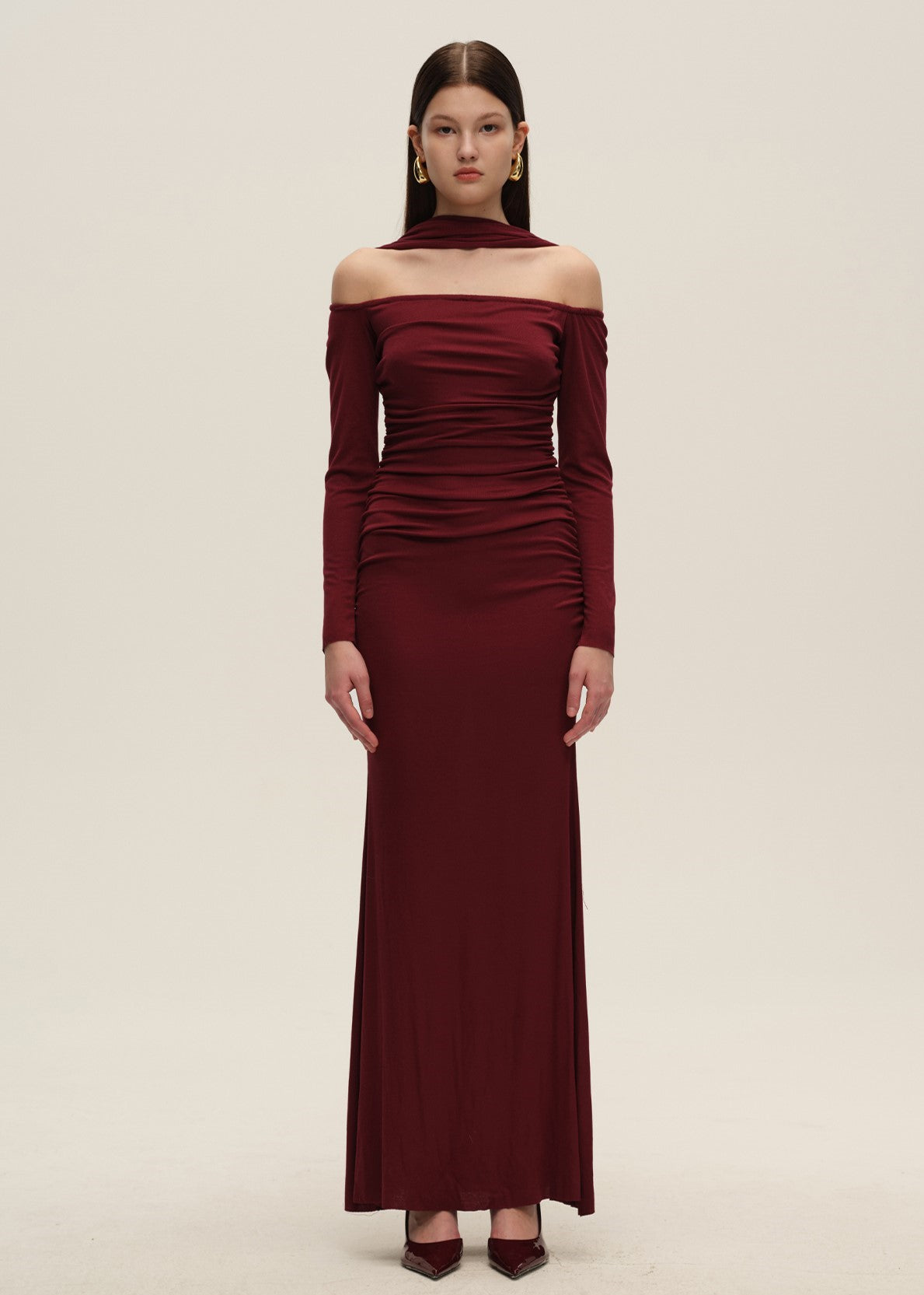 Red Halterneck Ruched Dress