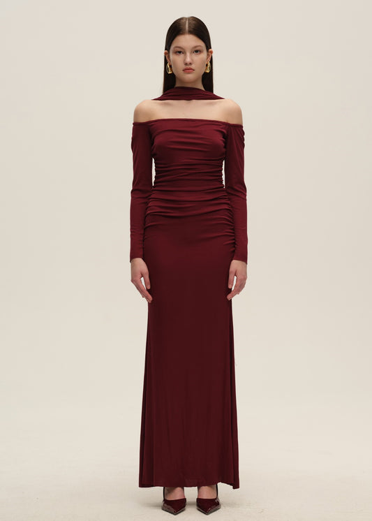 Red Halterneck Ruched Dress