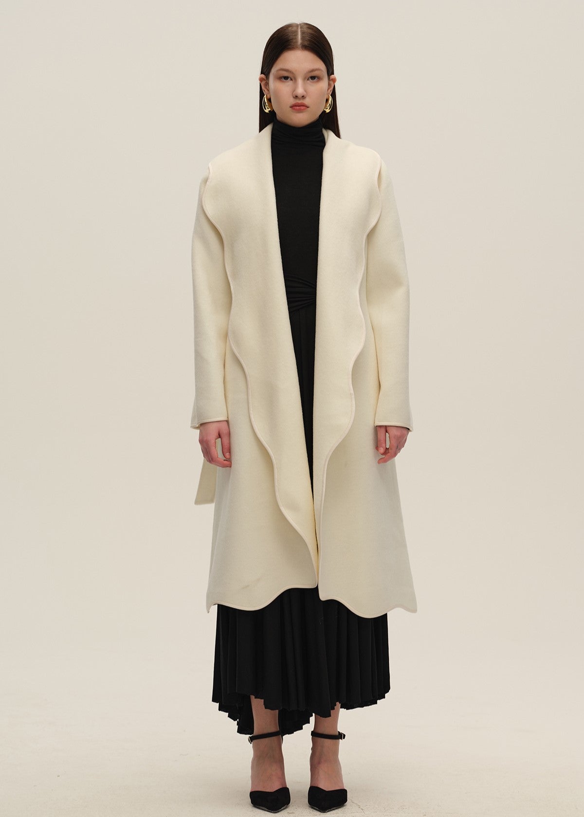 White Lace-Trim Double-Face Wool Coat