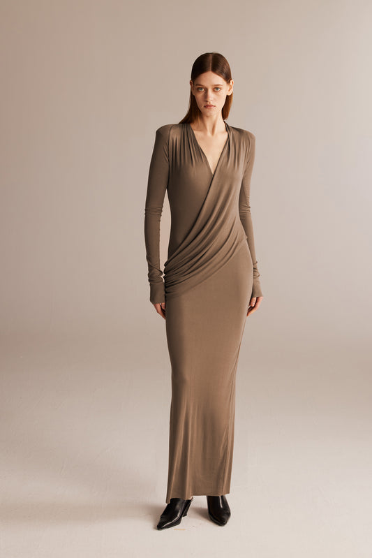 khaki Crossover Pleated Dress