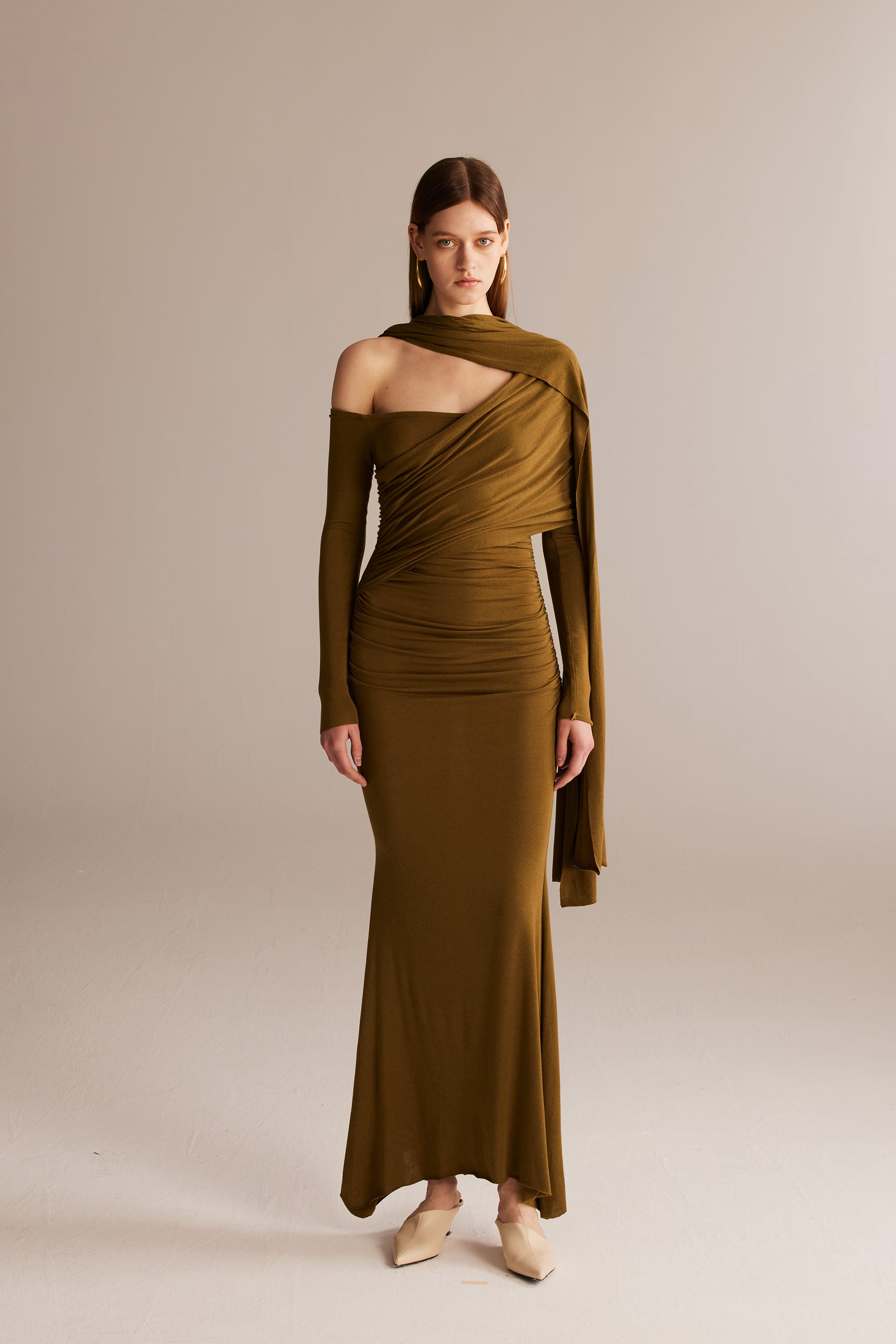 Olive-brown Wrap around cape dress SIJIASUDIO Olive-brown Wrap around cape dress SIJIASUDIO