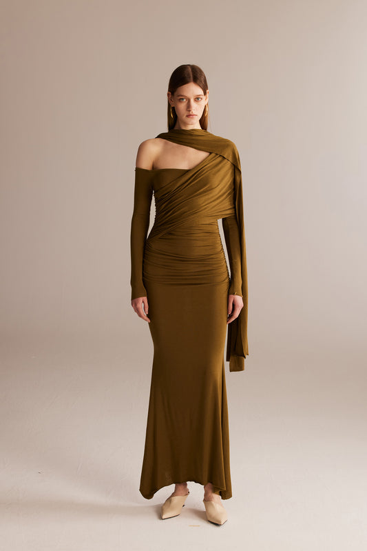 Olive-brown Wrap around cape dress