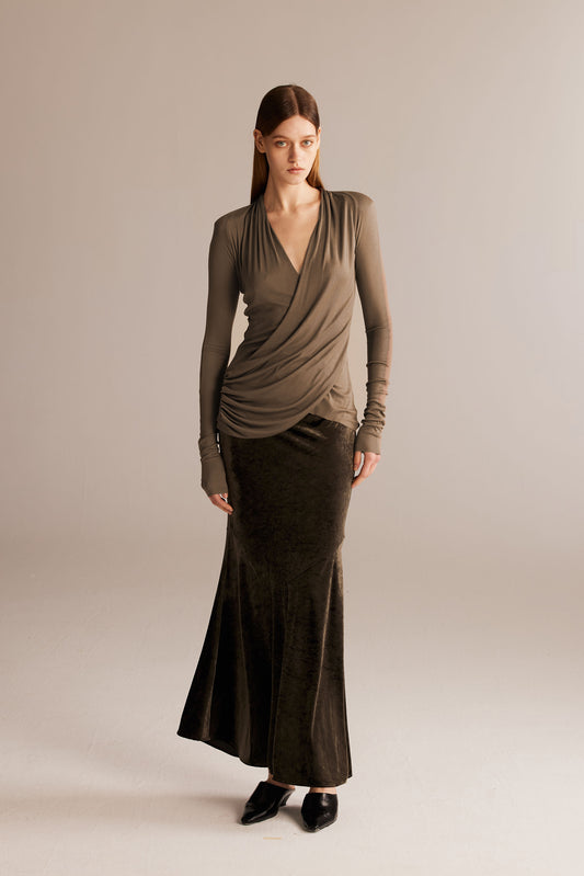 Khaki Crossover Pleated Top