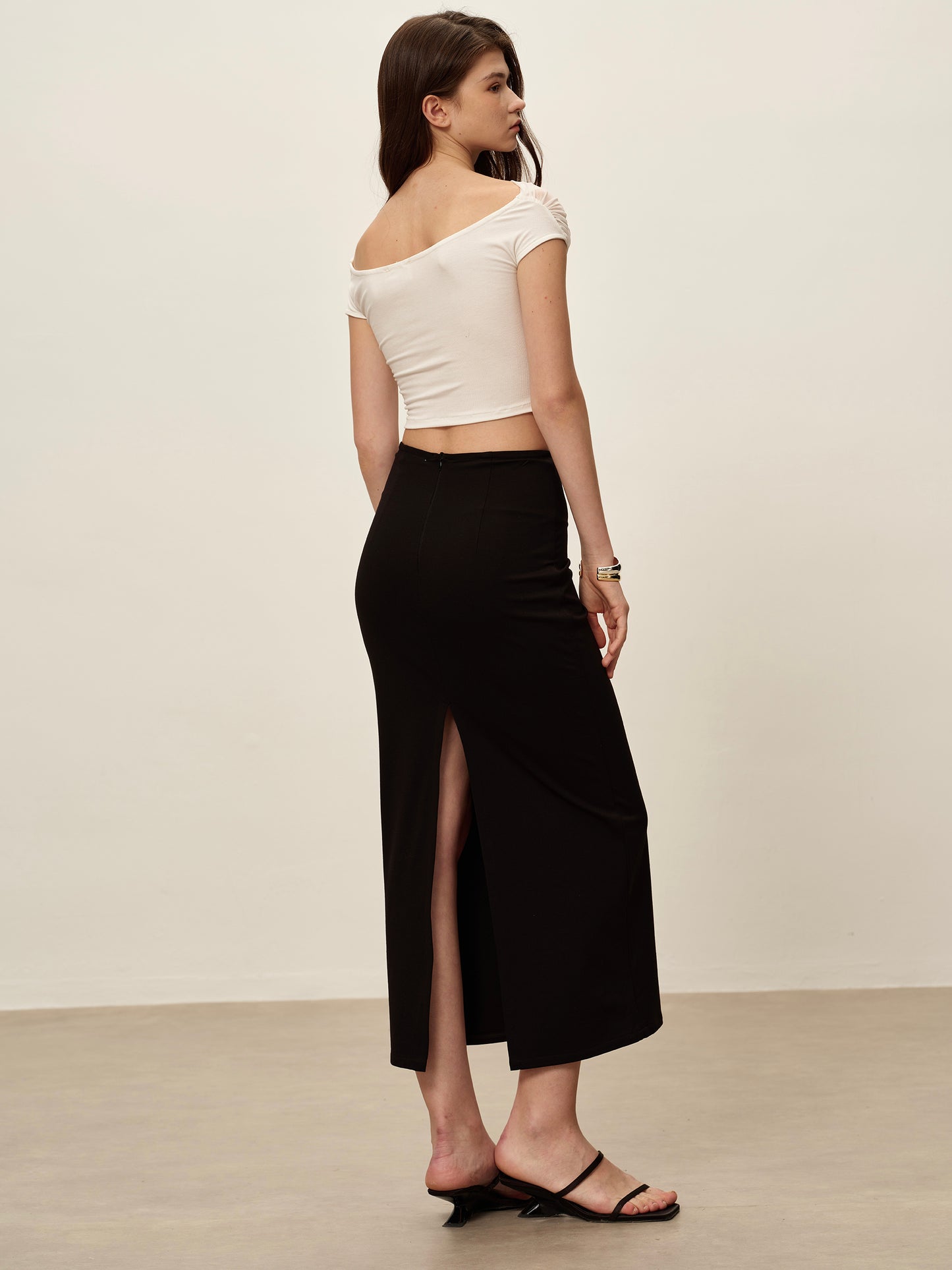 White One Shoulder Pleated Mesh T-shirt