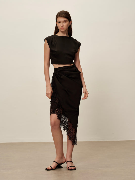 Black Lace-Trimmed Midi Skirt