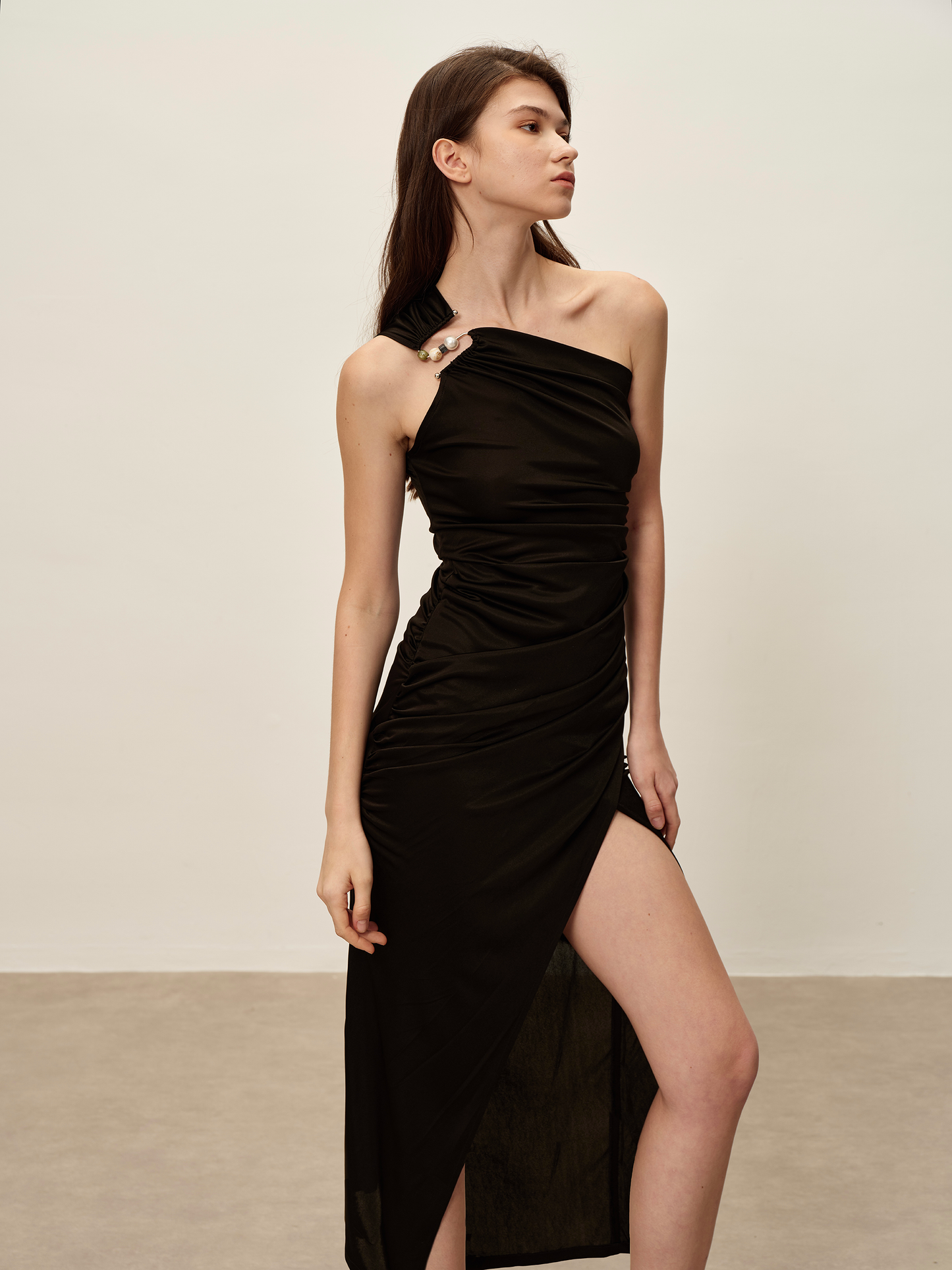One Shoulder Acetate Dress Black